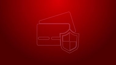 Kırmızı arkaplanda kalkan simgesi olan yeşil çizgi kredi kartı. Çevrimiçi ödeme. Nakit çekilmesi. Finansal operasyonlar. Alışveriş tabelası. 4K Video hareketli grafik canlandırması