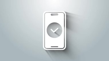 Beyaz Akıllı Telefon, gri arkaplanda izole edilmiş bir cep telefonu simgesi. 4K Video hareketli grafik canlandırması