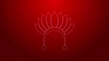 Kırmızı arka planda tüy ikonu olan yeşil çizgi Hint başlığı. Amerikan yerlilerinin geleneksel başlığı. 4K Video hareketli grafik canlandırması