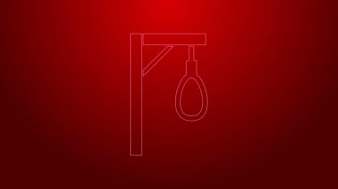 Kırmızı arkaplanda yeşil çizgi darağacı halat ikonu asılı. İpe bağlanmış halat. İntihar, asılma ya da linç. 4K Video hareketli grafik canlandırması