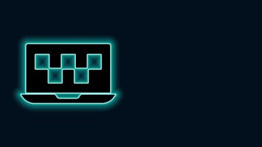 Parlayan neon hattı Laptop çağrı taksi servisi simgesi siyah arkaplanda izole edildi. 4K Video hareketli grafik canlandırması