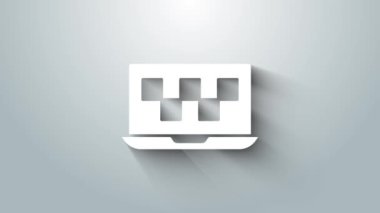 Beyaz Laptop çağrı taksi servisi simgesi gri arkaplanda izole edildi. 4K Video hareketli grafik canlandırması