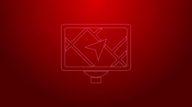 Kırmızı arkaplanda harita simgesine sahip yeşil çizgi GPS cihazı. 4K Video hareketli grafik canlandırması