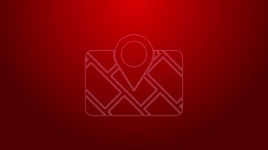 Kırmızı arkaplanda harita simgesine sahip yeşil çizgi GPS cihazı. 4K Video hareketli grafik canlandırması