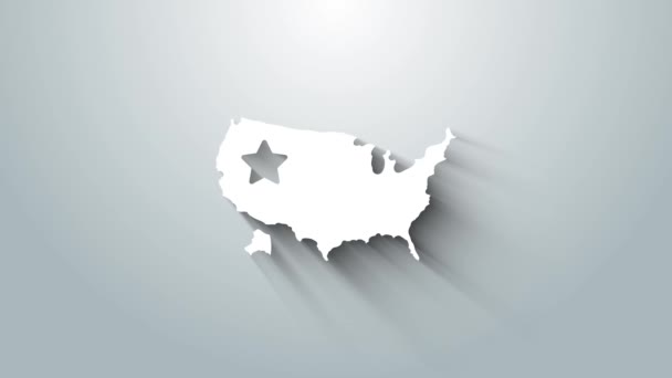 Белый значок карты США выделен на сером фоне. Карта Соединенных Штатов Америки (США). Видеографическая анимация 4K — стоковое видео
