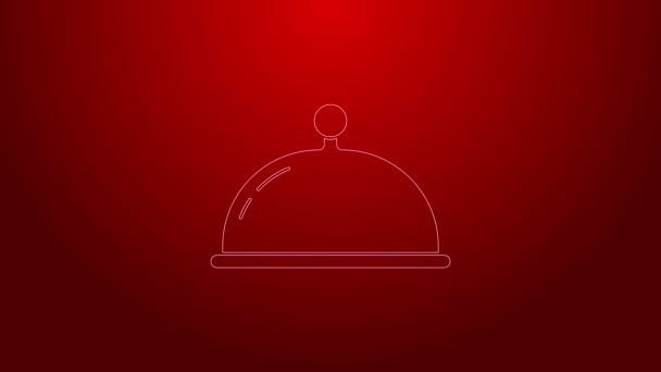 Green line Covered with a tray of food icon isolated on red background. Tray and lid sign. Restaurant cloche with lid. 4K Video motion graphic animation — Stock Video