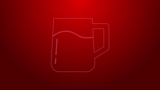 Línea verde Icono de taza de cerveza de madera aislado sobre fondo rojo. Animación gráfica de vídeo 4K — Vídeos de Stock