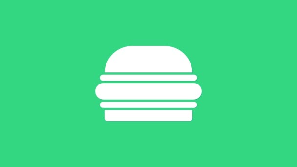 Icône Burger blanc isolé sur fond vert. Icône de hamburger. Cheeseburger sandwich signe. Menu de restauration rapide. Animation graphique de mouvement vidéo 4K — Video