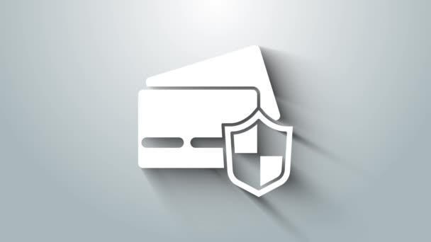 Weiße Kreditkarte mit Schildsymbol auf grauem Hintergrund. Online-Zahlung. Barabhebungen. Finanzgeschäfte. Einkaufsschild. 4K Video Motion Grafik Animation — Stockvideo