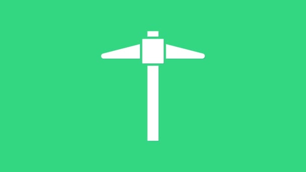 Bílá ikona Pickaxe izolovaná na zeleném pozadí. Grafická animace pohybu videa 4K — Stock video