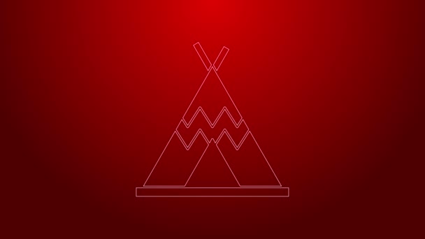 Green line Traditional indian teepee or wigwam icon isolated on red background. Indian tent. 4K Video motion graphic animation — Stock Video