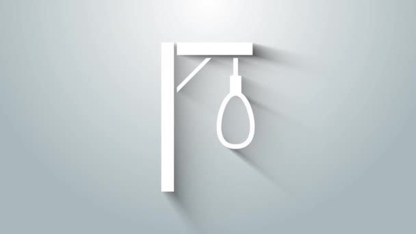 White Gallows rope loop hanging icon isolated on grey background. Rope tied into noose. Suicide, hanging or lynching. 4K Video motion graphic animation — Stock Video