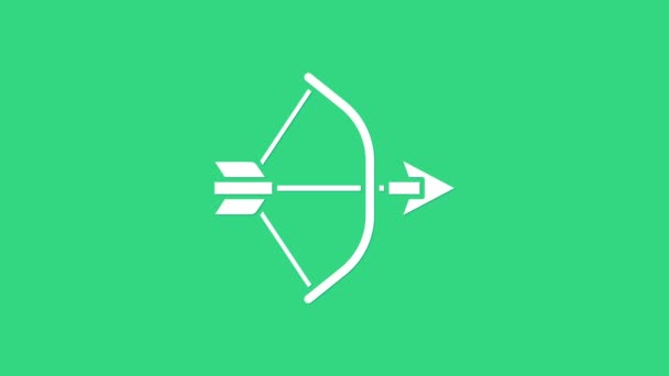 Biały łuk i strzałka w ikonie kołczan izolowane na zielonym tle. 4K Animacja graficzna ruchu wideo — Wideo stockowe