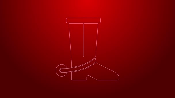 Green line Cowboy boot icon isolated on red background. 4K Video motion graphic animation — Stock Video