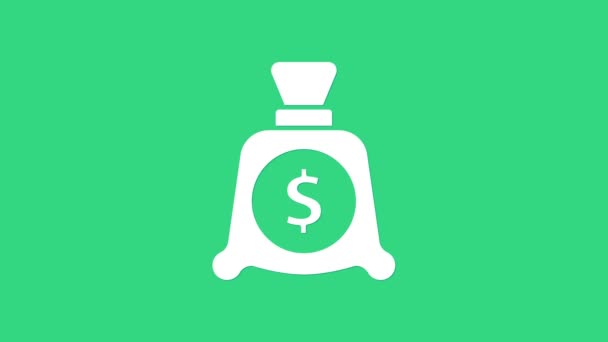 Saco de dinheiro branco ícone isolado no fundo verde. Dólar ou símbolo USD. Cash Banking sinal de moeda. Animação gráfica em movimento de vídeo 4K — Vídeo de Stock