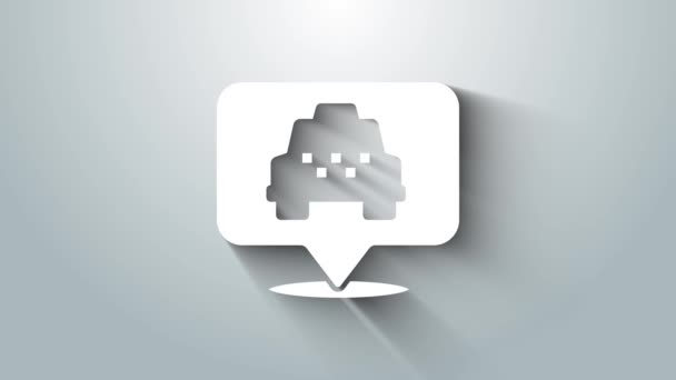 Fehér Térkép mutató taxi ikon elszigetelt szürke háttér. Helyszín szimbólum. 4K Videó mozgás grafikus animáció
