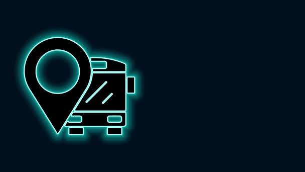 Glowing neon line Location with bus icon isolated on black background. Transportation concept. Bus tour transport sign. Tourism or public vehicle symbol. 4K Video motion graphic animation — Stock Video