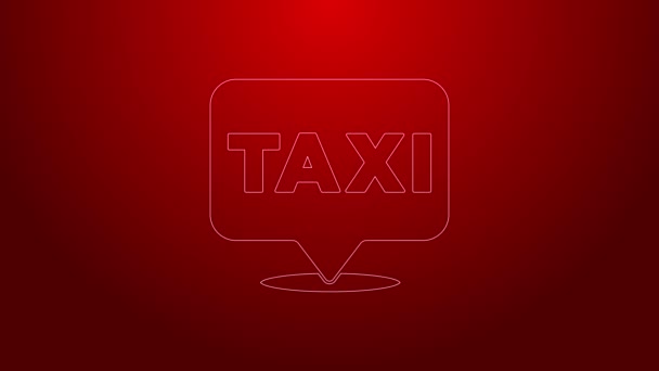 Grön linje Karta pekare med taxi ikon isolerad på röd bakgrund. Platssymbol. 4K Video motion grafisk animation — Stockvideo