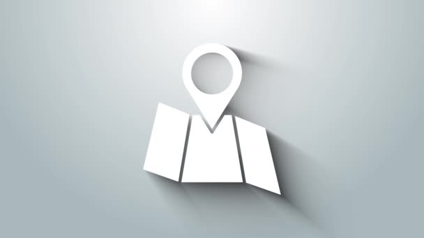 Biała złożona mapa z ikoną znacznika lokalizacji odizolowana na szarym tle. 4K Animacja graficzna ruchu wideo — Wideo stockowe