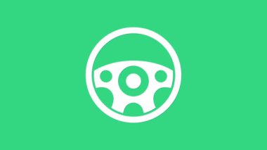 Yeşil arka planda beyaz direksiyon simgesi izole edildi. Araba tekeri ikonu. 4K Video hareketli grafik canlandırması