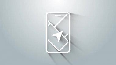 Şehir haritası yön bulma simgesinin beyaz bilgileri gri arkaplanda izole edildi. Mobil Uygulama Arayüzü tasarımı. Coğrafi konsept. 4K Video hareketli grafik canlandırması