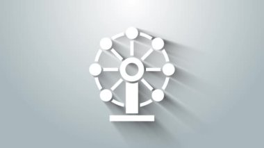 Beyaz dönme dolap simgesi gri arkaplanda izole edildi. Eğlence parkı. Çocuklar için eğlence parkı, eğlence parkı. 4K Video hareketli grafik canlandırması