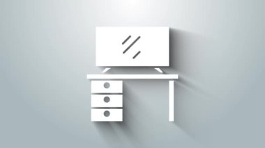 Beyaz TV masası simgesi gri arkaplanda izole edildi. 4K Video hareketli grafik canlandırması