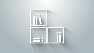 Gri arkaplanda kitap simgesi olan beyaz raf. Raflar işaretli. 4K Video hareketli grafik canlandırması