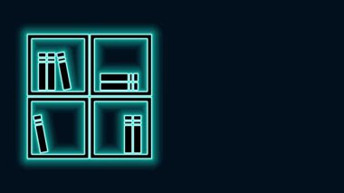 Siyah zemin üzerinde kitap simgesi olan parlak neon çizgi rafı. Raflar işaretli. 4K Video hareketli grafik canlandırması
