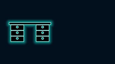 Parlayan neon hattı ofis masa simgesi siyah arkaplanda izole edildi. 4K Video hareketli grafik canlandırması