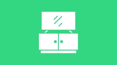 Beyaz TV masası simgesi yeşil arkaplanda izole edildi. 4K Video hareketli grafik canlandırması