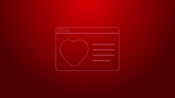 Zielona linia Dating app online laptop concept icon isolated on red background. Profil płci męskiej płaski. Para pasuje do związku. 4K Animacja graficzna ruchu wideo — Wideo stockowe