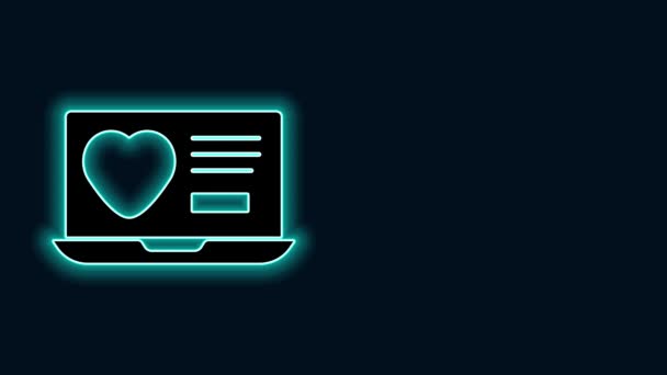 Glödande neon line Dating app online bärbar dator koncept ikon isolerad på svart bakgrund. Kvinna manliga profil platt design. Ett par träffar på ett förhållande. 4K Video motion grafisk animation — Stockvideo