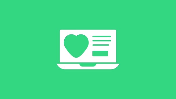 White Dating app online bärbar dator koncept ikon isolerad på grön bakgrund. Kvinna manliga profil platt design. Ett par träffar på ett förhållande. 4K Video motion grafisk animation — Stockvideo
