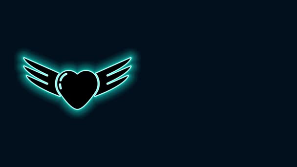 发光的霓虹灯线心脏与翅膀图标隔离在黑色背景.爱情的象征情人节。4K视频运动图形动画 — 图库视频影像