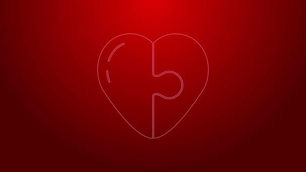 Zielona linia Ikona serca odizolowana na czerwonym tle. Romantyczny symbol połączony, połączony, pasja i ślub. Symbol walentynkowy. 4K Animacja graficzna ruchu wideo — Wideo stockowe