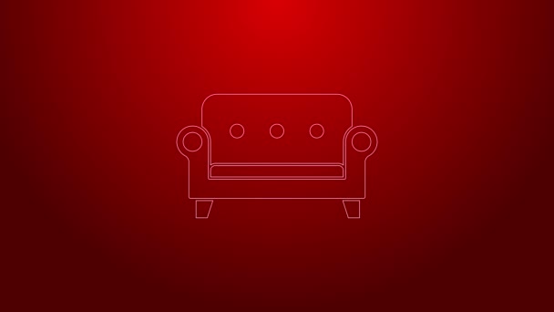 Grüne Linie Sofa-Symbol isoliert auf rotem Hintergrund. 4K Video Motion Grafik Animation — Stockvideo