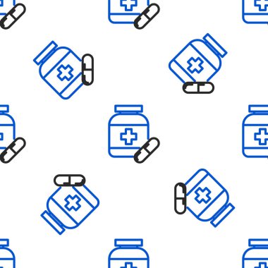 Hat ilacı şişesi ve hap ikonu beyaz arka planda izole edilmiş kusursuz desen. Şişe hapı işareti. Eczane tasarımı. Renkli taslak konsepti. Vektör.