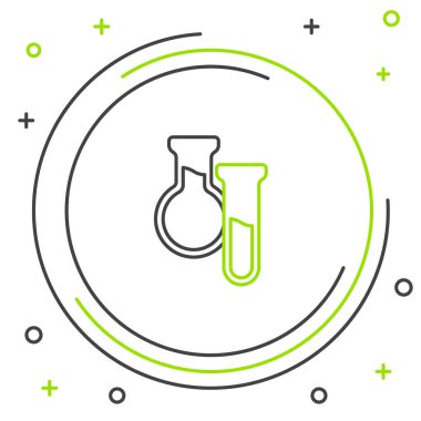 Beyaz arkaplanda çizgi test tüpü ve matara simgesi izole edildi. Kimyasal laboratuvar testi. Laboratuvar camları. Renkli taslak konsepti. Vektör.