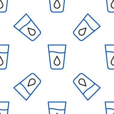 Su ikonuna sahip çizgi camları beyaz zeminde izole edilmiş kusursuz desen. Soda bardağı. Renkli taslak konsepti. Vektör.