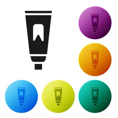 Beyaz arkaplanda siyah diş macunu simgesi var. Simgeleri renk daire düğmelerine ayarla. Vektör İllüstrasyonu.