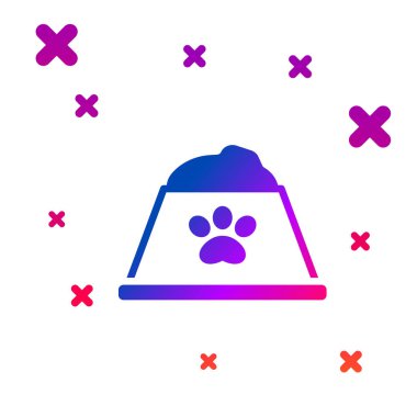 Beyaz arka planda izole edilmiş kedi ya da köpek ikonu için renkli evcil hayvan yemek kasesi. Köpek ya da kedi pençesi izi. Kademeli rastgele dinamik şekiller. Vektör.