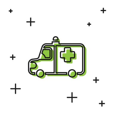 Siyah ambulans ve acil durum arabası ikonu beyaz arka planda izole edildi. Ambulans aracı tıbbi tahliye. Vektör.