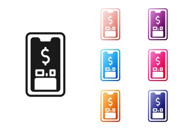 Beyaz arkaplanda dolar sembolü olan siyah akıllı telefon. İnternetten alışveriş konsepti. Finansal cep telefonu simgesi. Çevrimiçi ödeme. Simgeleri renklendirin. Vektör.