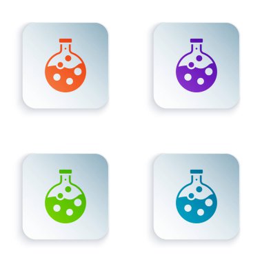 Renkli test tüpü ve beyaz arkaplanda izole edilmiş kimyasal test ikonu. Laboratuvar cam levhası. Kare düğmelere renkli simgeleri yerleştir. Vektör.