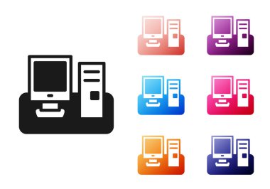 Beyaz arkaplanda klavye ve fare simgesine sahip siyah bilgisayar monitörü. Bilgisayar bileşeni işareti. Simgeleri renklendirin. Vektör.