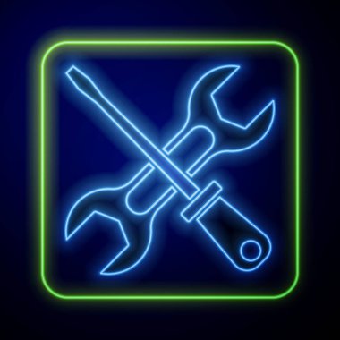 Parlak neon tornavida ve anahtar anahtarı simgesi mavi arkaplanda izole edildi. Servis aracı sembolü. Vektör.