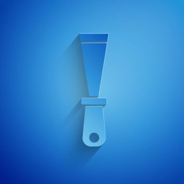 Kağıt kesiği macun bıçağı ikonu mavi arka planda izole edilmiş. Spatula tamir aleti. Yağma ya da boya aletleri. Kağıt sanatı tarzı. Vektör.