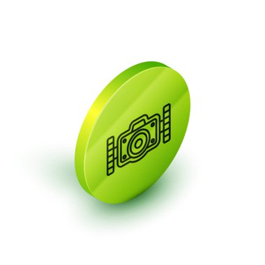 Dalgıç simgesi için beyaz arkaplanda izole edilmiş Isometric çizgi fotoğraf makinesi. Fotoğraf makinesi simgesi. Su altı ekipmanları. Yeşil daire düğmesi. Vektör.