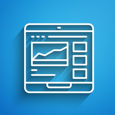 Beyaz çizgi ticaret kursları simgesi mavi arkaplanda izole edildi. Uzaktan öğrenme finans yönetimi, hisse senedi piyasalarında mal alıp satma. Uzun gölge. Vektör.